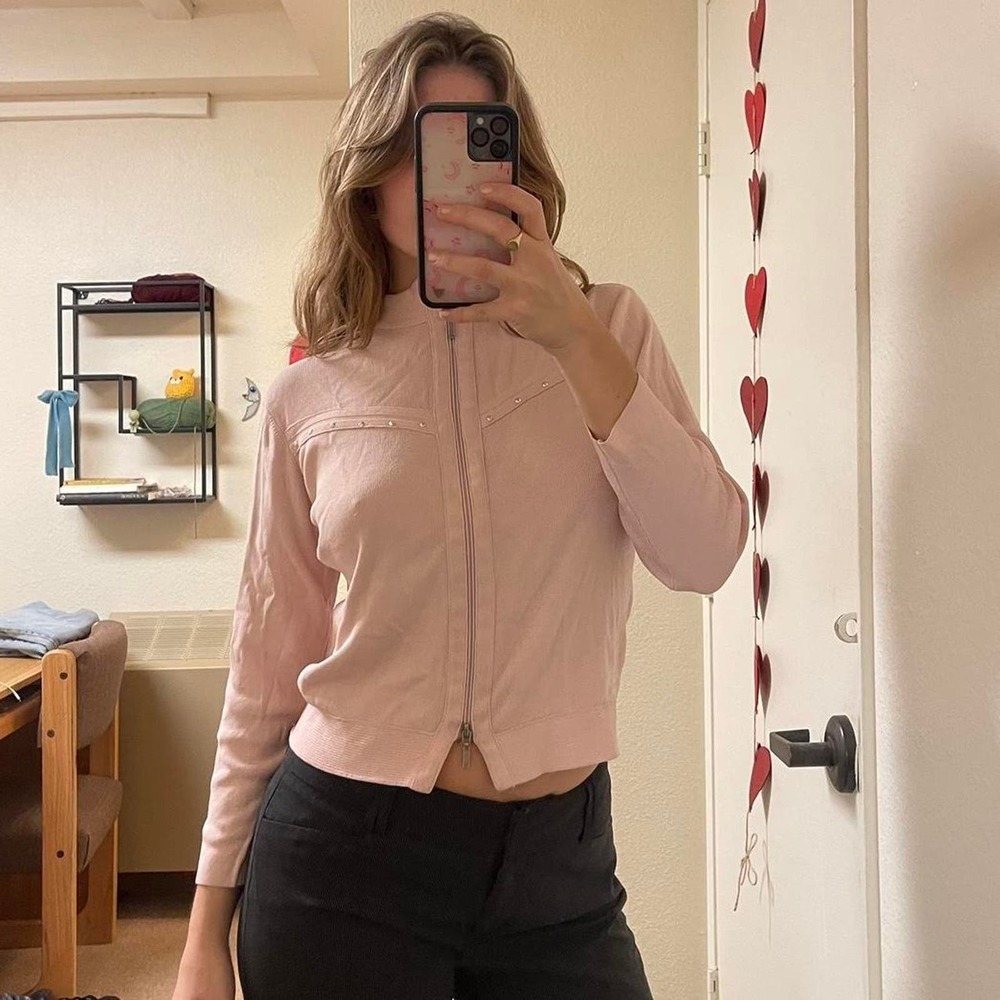 the vintage pink long sleeve top with v pattern and double zip